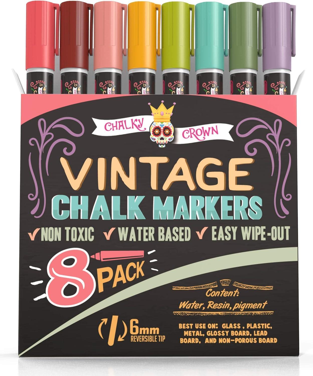 imageCHALKY CROWN Liquid Chalk Markers  Dry Erase Marker Pens  Chalk Markers for Chalkboards Signs Windows Blackboard Glass  Reversible Tip 8 Pack Vintage 6mm