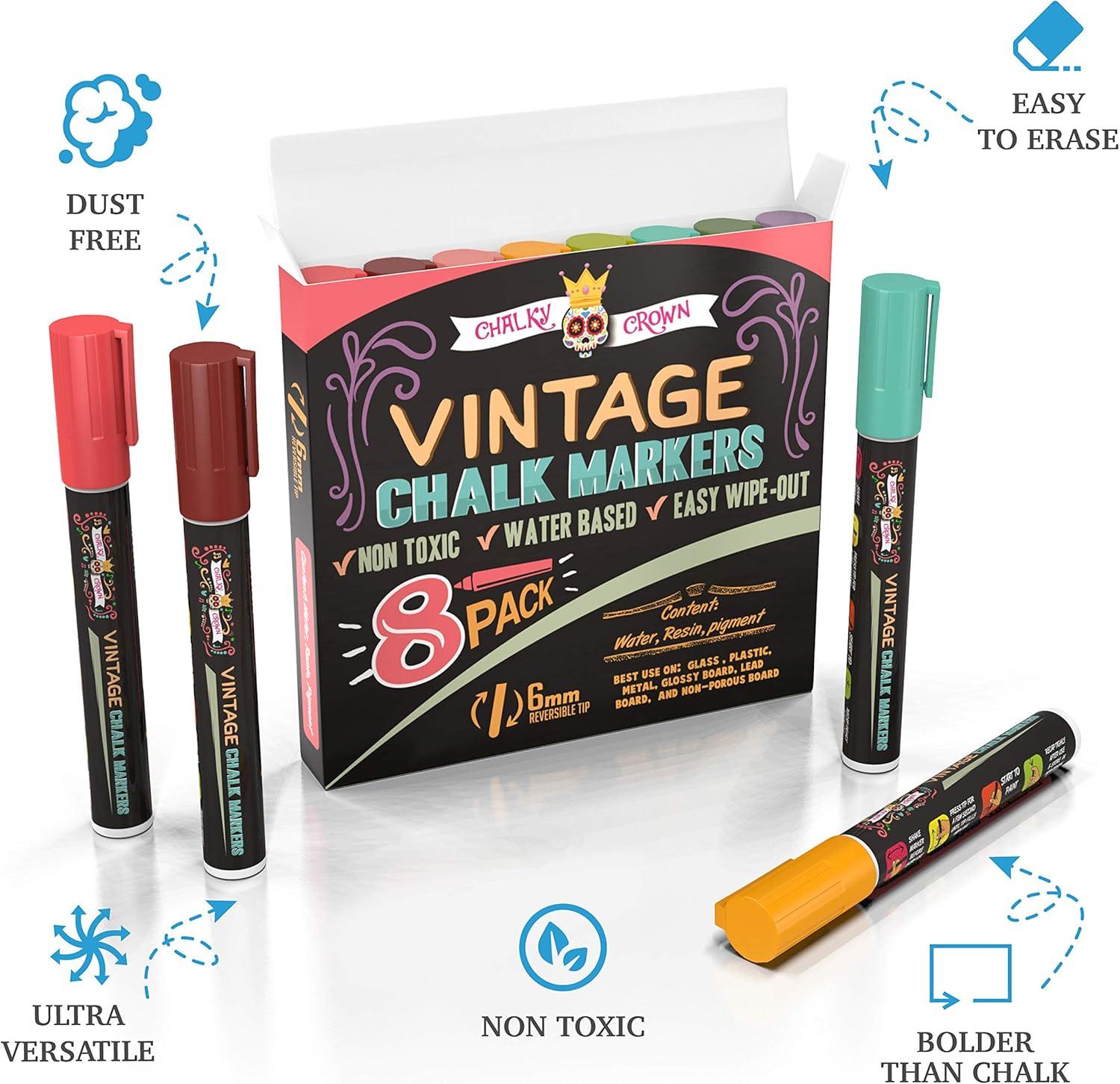 imageCHALKY CROWN Liquid Chalk Markers  Dry Erase Marker Pens  Chalk Markers for Chalkboards Signs Windows Blackboard Glass  Reversible Tip 8 Pack Vintage 6mm