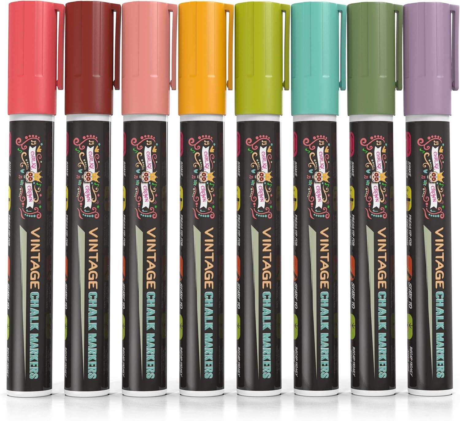 imageCHALKY CROWN Liquid Chalk Markers  Dry Erase Marker Pens  Chalk Markers for Chalkboards Signs Windows Blackboard Glass  Reversible Tip 8 Pack Vintage 6mm