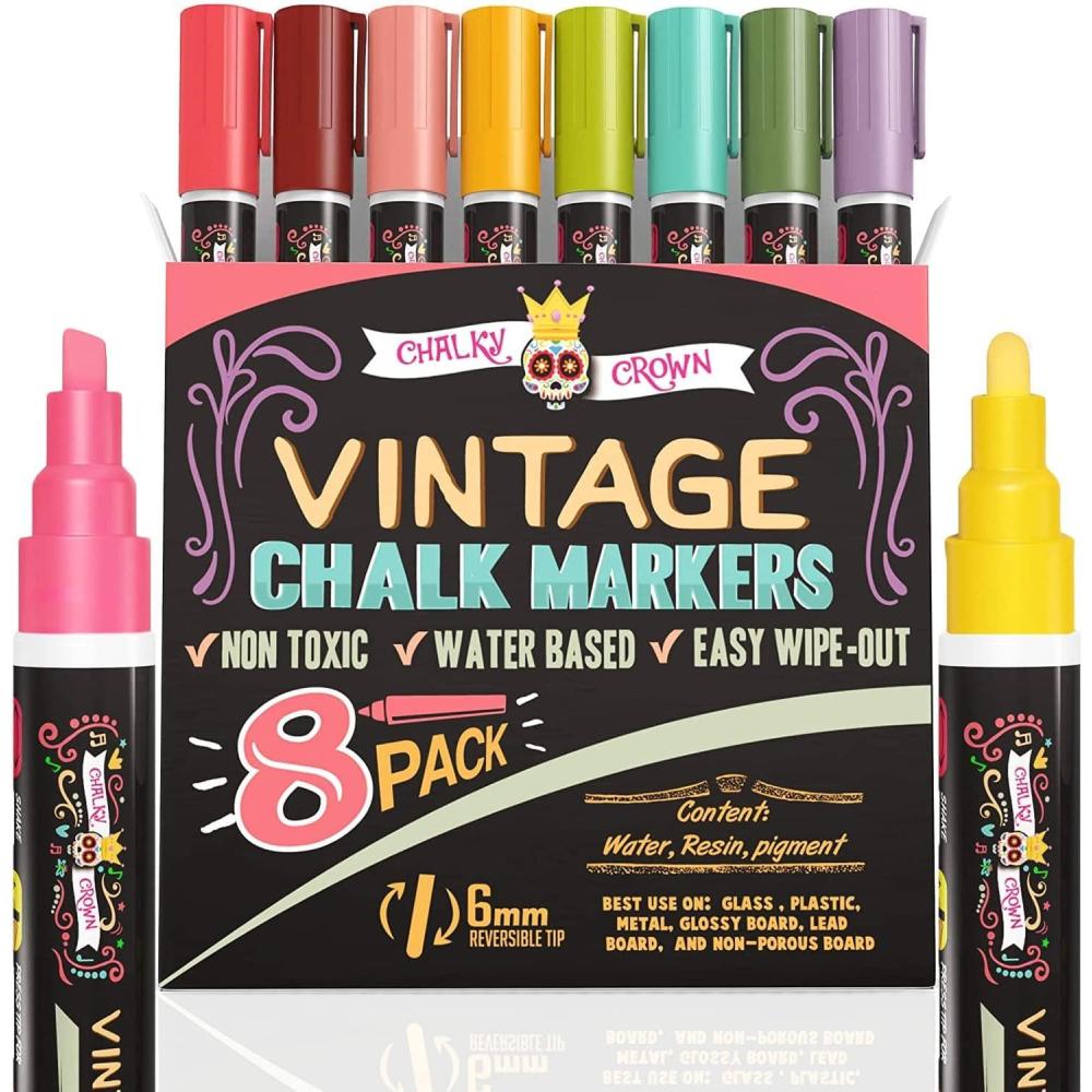 imageCHALKY CROWN Liquid Chalk Markers  Dry Erase Marker Pens  Chalk Markers for Chalkboards Signs Windows Blackboard Glass  Reversible Tip 8 Pack Vintage 6mm