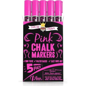 imageCHALKY CROWN Liquid Chalk Marker Pen  White Drawing Chalk  Chalkboard Markers for Chalkboard Signs Windows Blackboard Glass  6mm Reversible Tip 5 PackPink