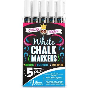 imageCHALKY CROWN Liquid Chalk Marker Pen  White Drawing Chalk  Chalkboard Markers for Chalkboard Signs Windows Blackboard Glass  6mm Reversible Tip 5 PackWhite