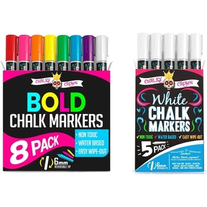 image:imageCHALKY CROWN Bold Liquid Chalk Markers 8 Pack amp White Chalk Markers 5 Pack  Dry Erase Pens for Chalkboards Signs Windows Blackboard amp More  With Reversible Tip
